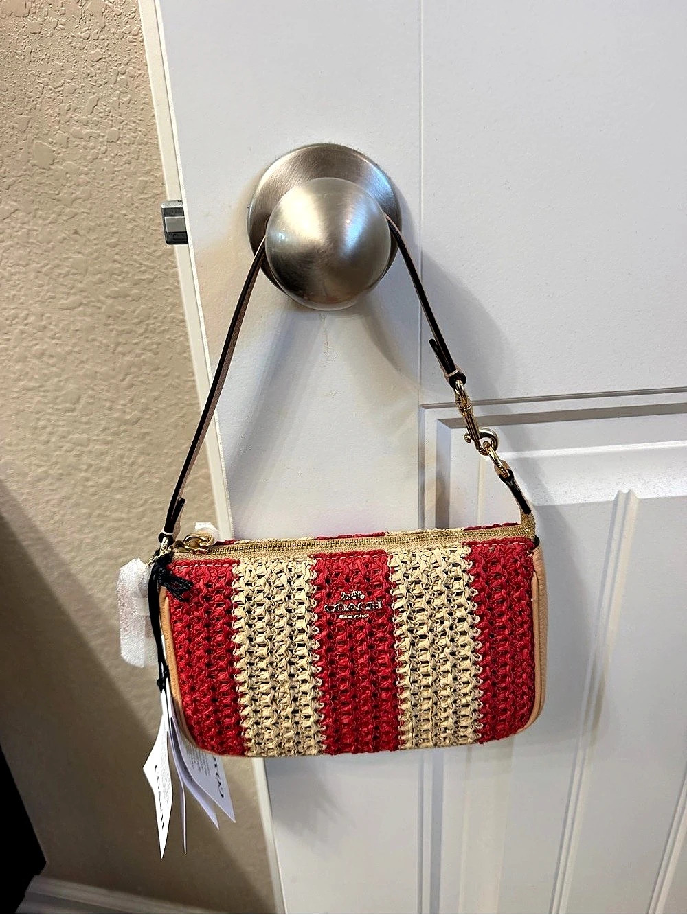Coach Faye Shoulder Bag Woven Striped Crossbody Red & Cream